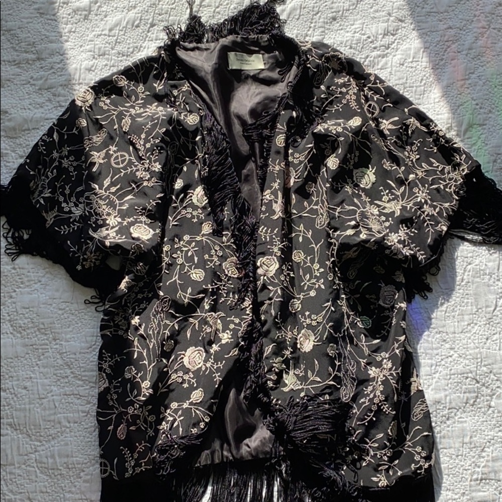 Ivana Helsinki Black Cream Silk Embroidered Tassel Fringe Jacket Cape